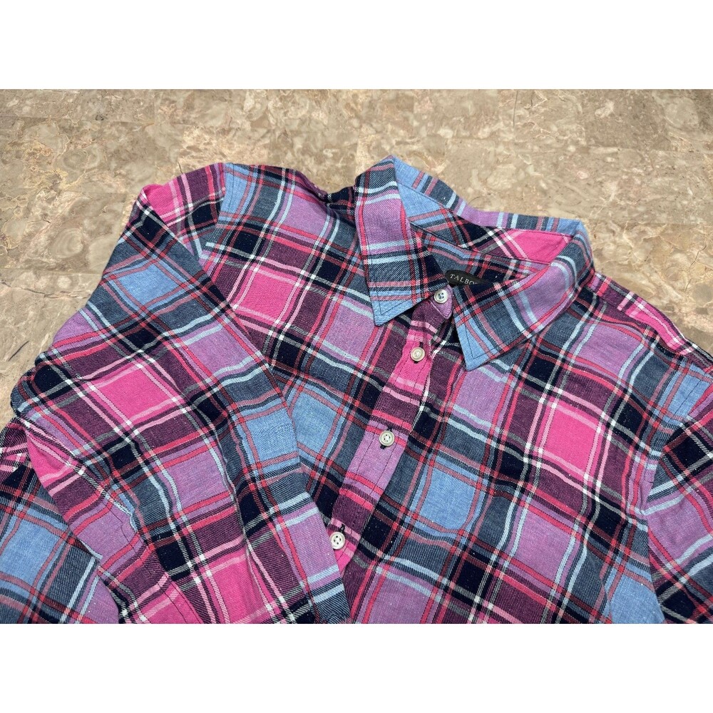 Talbots Women's Pink Blue Plaid Metallic Long Sleeve Button Up Shirt , Size L